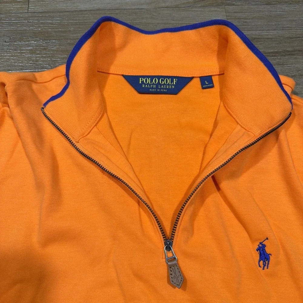 Polo Golf Ralph Lauren Men's LARGE‎ 1/4 Quarter Zip Sweater Orange Blue Cotton